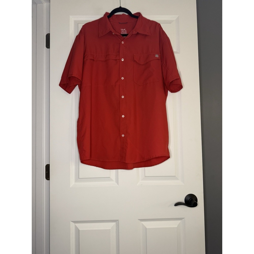 Huk Tide Point Short Sleeve Button Up Xl Red